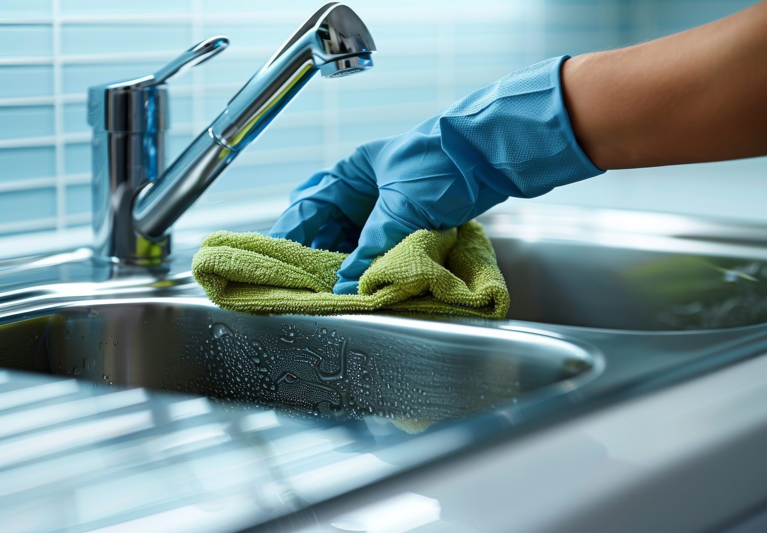 close up of hand cleaning kitchen sink